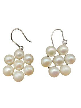 Hanging Earrings Faux Pearls Flower Cluster on Hypoallergenic Stainless Steel .7